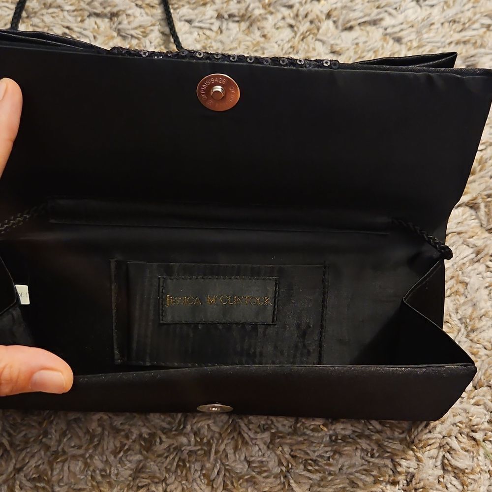 Jessica McClintock Black Satin Sequin Clutch Evening Bag - Picture 3 of 3
